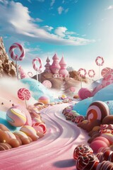 Whimsical Candy Land with Pink Pathway and Lollipop Castle