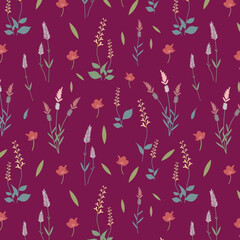 Modern contemporary Seamless pattern with ethereal wildflowers, leaves. vintage dry pressed wild flower plants, grass. Nature floral background. Texture for Cloth, Textile, Wallpaper, fashion prints