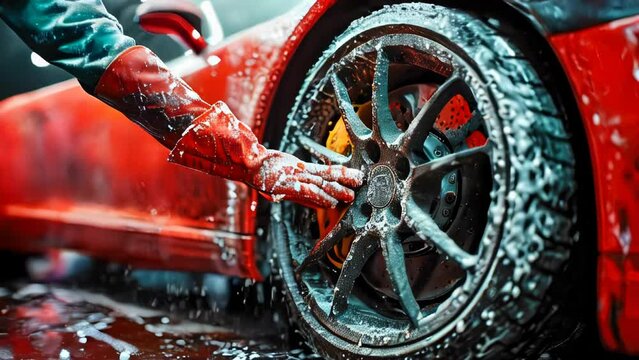 Car wash. Close-up of a worker washing a car wheel with a sponge