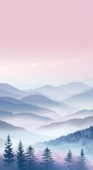 Serene Misty Mountain Sunrise with Pine Trees and Gradient Sky