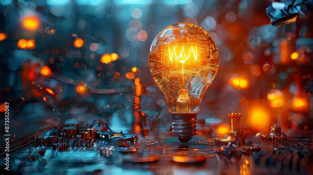 Poster conceptua lightbulb with moving gears as a symbol of an idea on dark background
