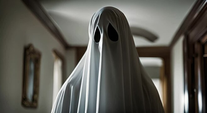 Ghost is standing in a haunted house hallway wearing a sheet with eyeholes cut out. The ghost is illuminated by a light source at the end of the hallway