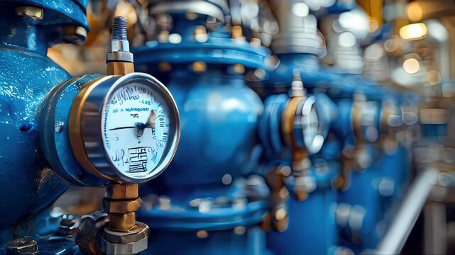 Industrial pressure gauge on pipes in the workshop of an oil and gas processing plant, pressure gauge in boiler room