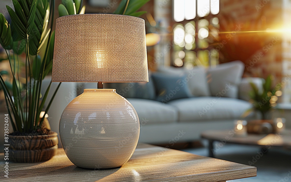 Poster a white table lamp with a textured shade sits on a wooden table next to a window. sunlight streams t