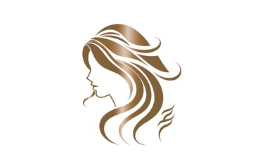 A woman with long red hair and a red and white logo