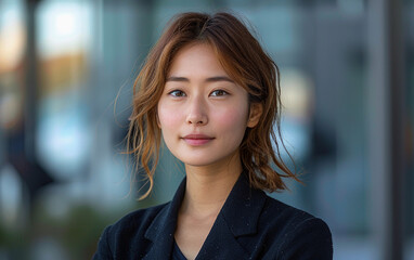 Fototapeta premium A young woman of East Asian descent stands confidently, looking directly at the camera, wearing a black blazer and with her brown hair styled loosely