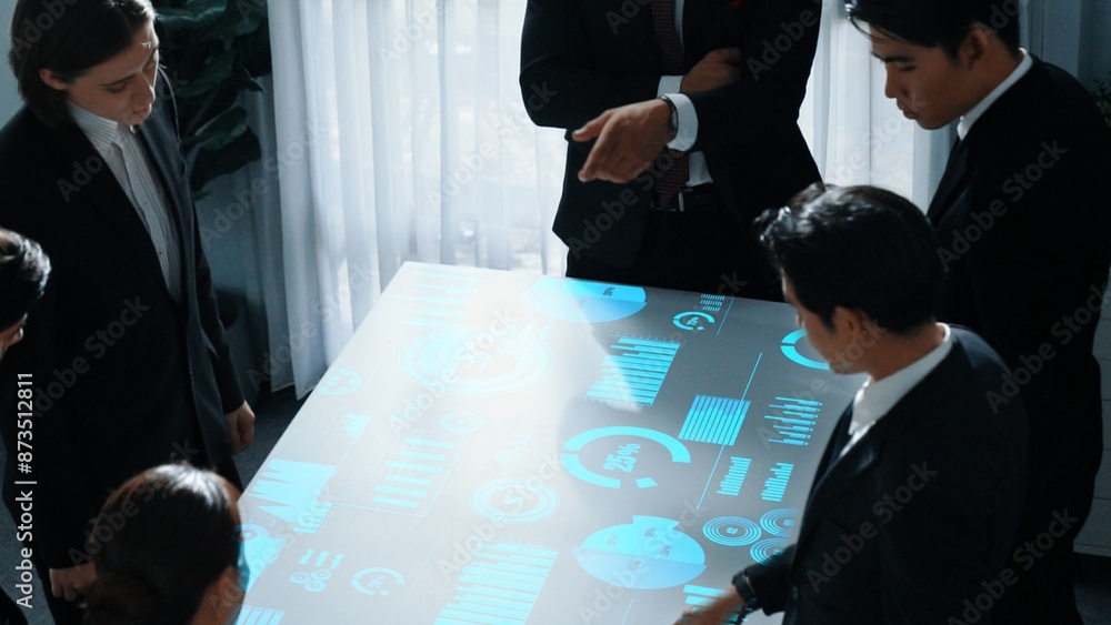 Aufkleber top view of business people group discussing and brainstorming about marketing strategy with hologra
