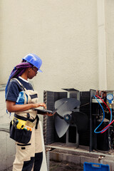 Fototapeta premium Precise serviceman commissioned for regular maintenance to avoid costly repairs and ensure HVAC systems longevity. Meticulous wireman doing air conditioner wiring inspection, imputing data on laptop