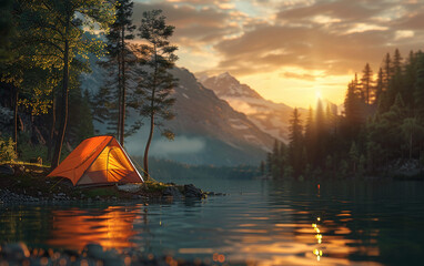 A single, orange tent sits on the lakeshore, bathed in the warm glow of the setting sun. The scene is peaceful, with a backdrop of mountains and trees