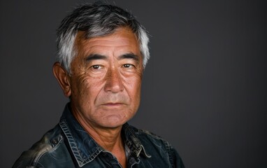 Obraz premium A headshot of a middle-aged person of Micronesian descent, with grey hair and a serious expression. They are wearing a dark blue denim shirt