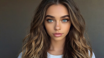 Fototapeta premium Modelo do Instagram, cabelos compridos na cor marrom claro, olhos azuis, ultra realista, com pele branca, idade de 22 anos, linda