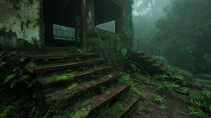 old forgotten overgrown industrial ruins with stair, rainforest lost place