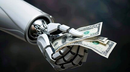 hand of a humanoid robot with dollars in his hand