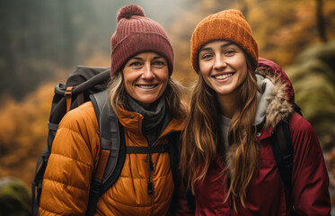 Senior woman and her granddaughter hiking in the mountains. Generative ai