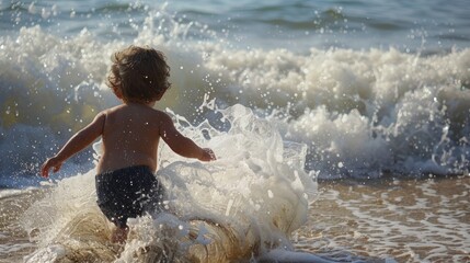 The waves crash on the shore while the boy enjoys his ice cream generative ai