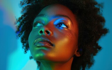 A young Black woman with curly hair looks up towards the camera. Colorful lights illuminate her face