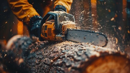 sawing a tree trunk with a chainsaw