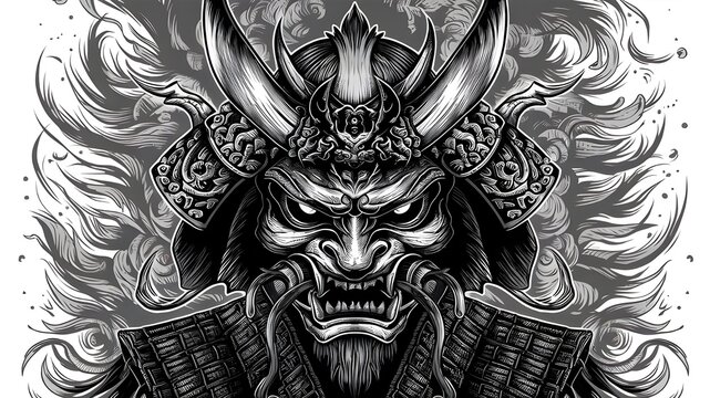 Japanese art on Behance, demon samurai, demon samurai warrior, clean detailed art, samurai mask, black and grey tattoo style. Black and white drawing of a large-headed demon, demon samurai mask, 