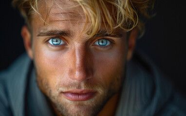 A close-up portrait of a handsome blonde man with blue eyes looking directly at the camera. His hair is styled in a messy, tousled look, and he has a light beard and stubble