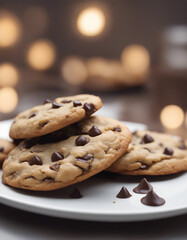 chocolate chip cookies on a white plate, commercial shoot