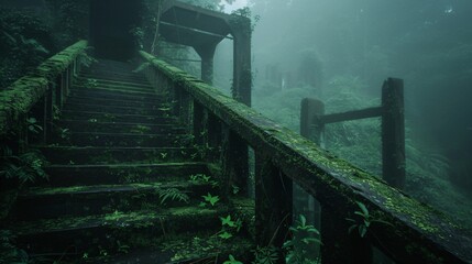Fototapeta premium old forgotten overgrown industrial ruins with stair, rainforest lost place