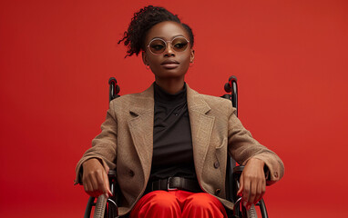 A Black businesswoman, wearing a stylish blazer and red pants, sits confidently in a wheelchair against a bright red backdrop