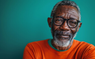 Obraz premium A mature black man with grey hair and a beard smiles softly while wearing a stylish orange sweater and glasses