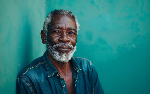 A mature African American man with grey hair and a beard is dressed in a denim shirt and poses against a teal wall
