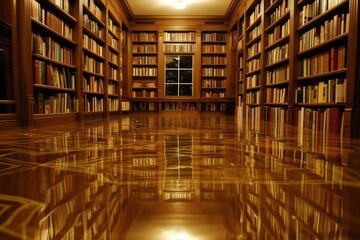 Obraz premium Serene and inviting view of a classic library filled with books, with a glowing ambiance