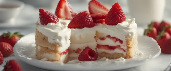 A scrumptious dessert with layers of cake adorned with strawberries and whipped cream, accompanied by fresh red berry slices arranged in a visually appealing manner on the plate.