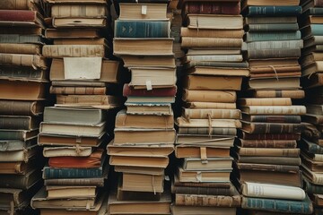 Towering piles of vintage books create a textured mosaic of literature's past