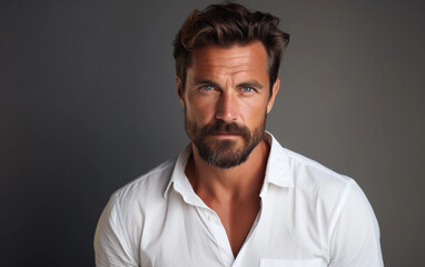 Fototapeta premium A close-up portrait of a tanned man with a beard wearing a white shirt. He is looking directly at the camera