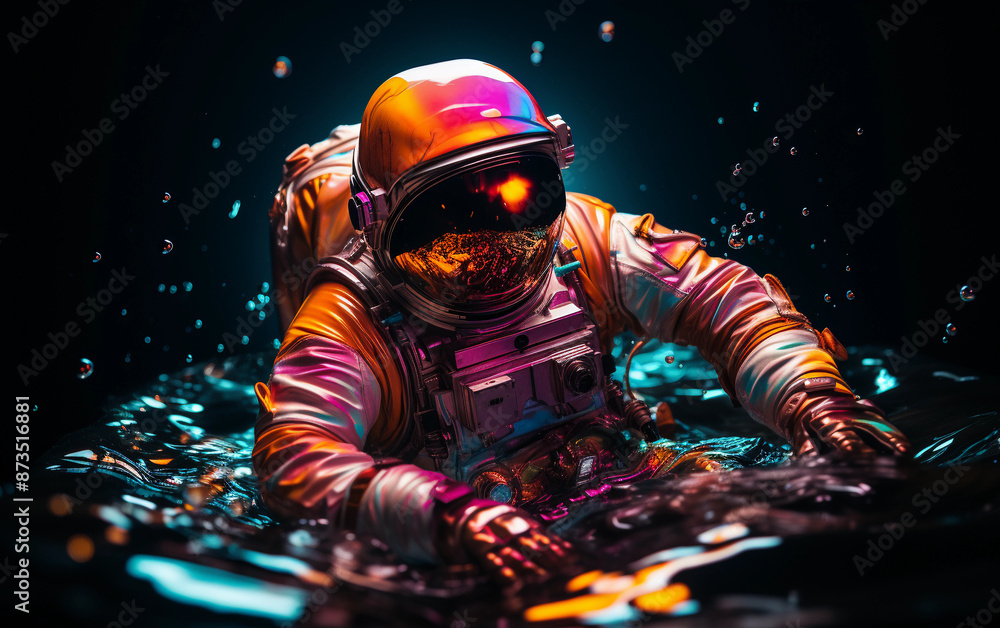 Poster an astronaut floats in a colorful liquid, illuminated by a bright light emanating from their helmet.