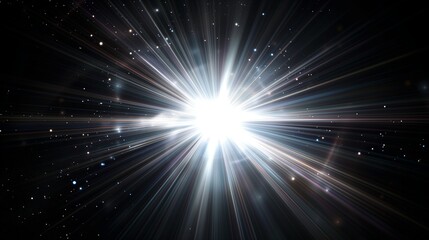 Naklejka premium Dynamic white Celestial Explosion set. Black Background with Glowing silver Sunburst, Digital Lens Flare, and Color-Adjusted Light Rays