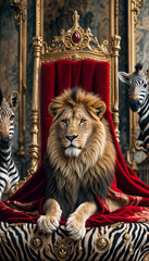 Obraz premium lion sits on the royal throne in a red cloak with a crown on his head 