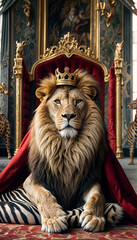 Obraz premium lion sits on the royal throne in a red cloak with a crown on his head 
