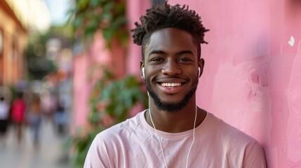Fototapeta premium Smiling man with headphones in the city