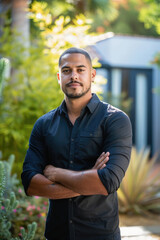 Obraz premium A man in a black button-down shirt stands outside with his arms crossed