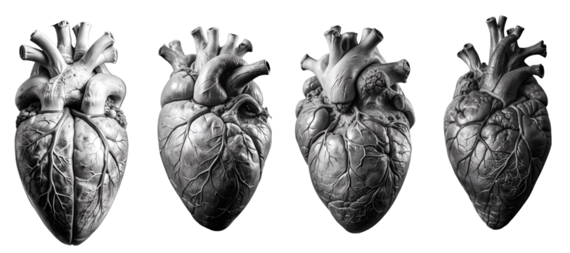 Real black and white human heart isolated on transparent background PNG file