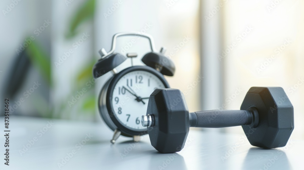 Poster alarm clock with dumbbells, workout time abstract concept. background with copy space for text