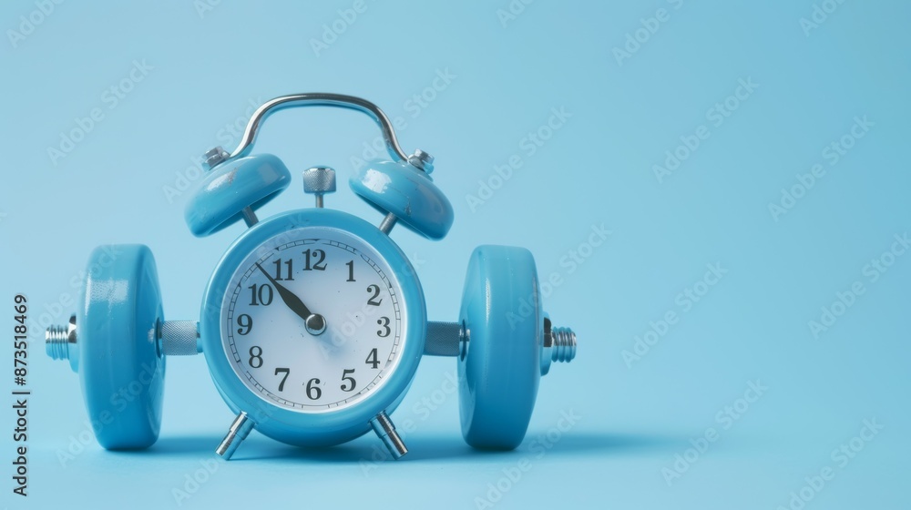 Poster alarm clock with dumbbells, workout time abstract concept. background with copy space