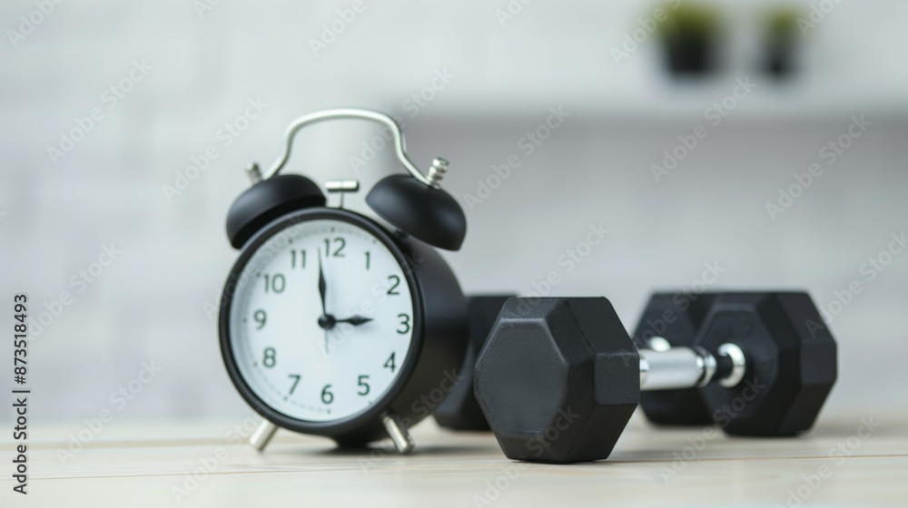 Poster alarm clock with dumbbells, workout time abstract concept. background with copy space