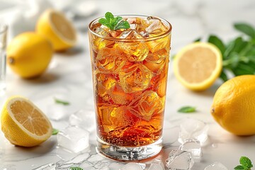 Fototapeta premium Cuba Libre or long island iced tea cocktail with strong drinks, cola, lime and ice in glass