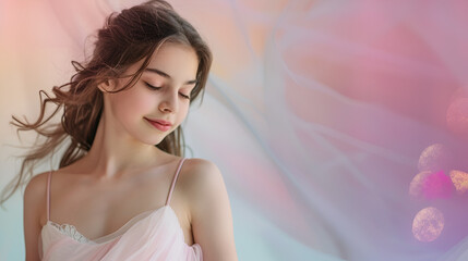 un fondo con espacio para copiar en tonos claros color pastel con una chica joven celebrando sus quince años xv años tradicion y celebraciones invitacion digital