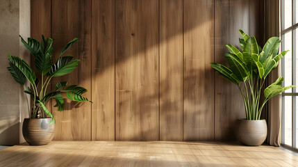 cuarto o habitacion con paneles de madera y piso de madera con entrada de luz solar con ventanales y macetas con plantas que dan vida al cuarto escenario