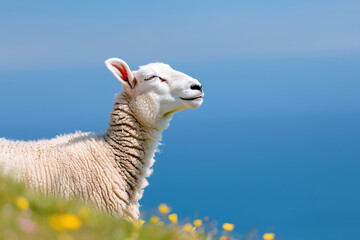 Fototapeta premium side portrait of a sheep looking to the sky