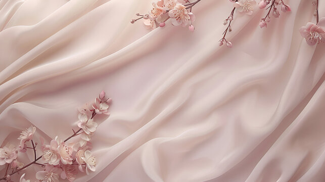 mesa con una tela de seda encima color rosa claro con detalles de ramas elegantes y flores con espacio para ocpair