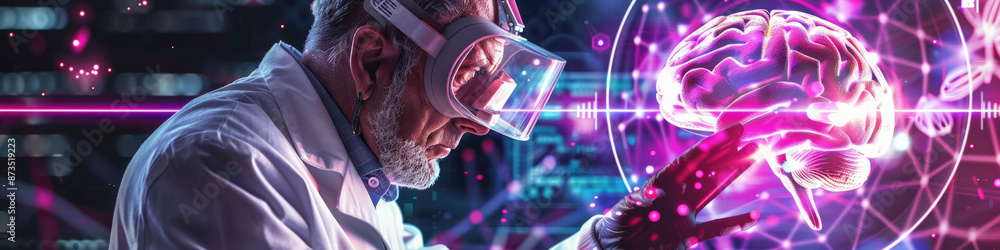 Aufkleber a senior scientist in a lab setting studies a holographic model of a brain