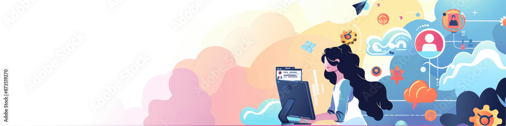 Aufkleber woman sits at a desk working on a desktop computer with colorful cloud icons in the background