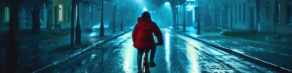 A person in a red jacket rides a bicycle down a wet street illuminated by streetlights